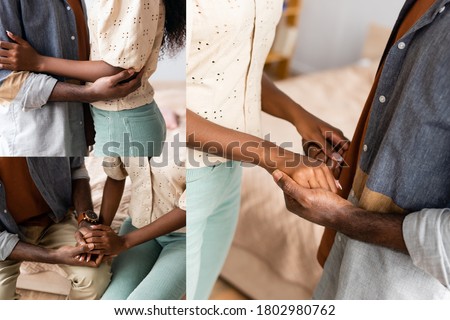 collage of african american couple in casual clothes holding hands and embracing at home, cropped view