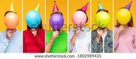 Collage of anonymous people in party caps holding colorful balloons in front of faces during birthday celebration against yellow background