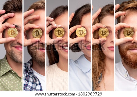 Collage of modern young men and women in casual outfits covering eyes with bitcoin coins while representing finance and investment concept Royalty-Free Stock Photo #1802989729
