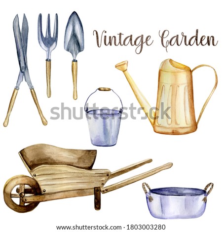 Watercolor illustrations of gardening tools: watering can, wheelbarow, shovel, rake, metal bucket, basin and scissors. Hand painted clipart. Isolated elements on white background.