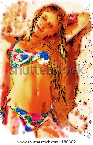 Stylized illustration of a girl in a swimsuit...