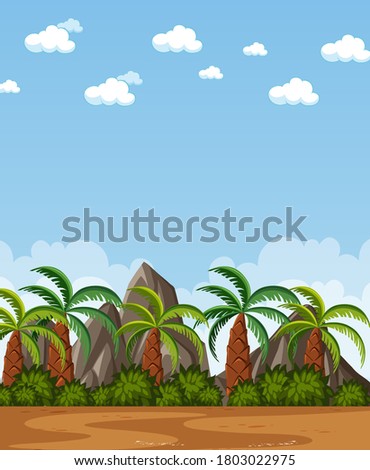Vertical nature scene or landscape countryside with plam trees view and blank sky at daytime illustration