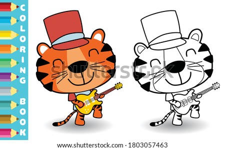 vector cartoon of cute tiger playing guitar, coloring page or book