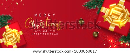 Christmas banner decoration with gift box, balls, pine tree branch, gold confetti, and sparkling light isolated on red background. Top view. Vector illustration.