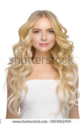 Blonde Hair Woman Beautiful Curly Hairstyle Wavy Long hair Young Model isolated on white