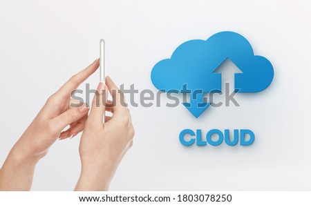 Cloud Data Storage Service. Female Hands Using Smartphone, Synchronising Information From Device, Creative Conceptual Design, Free Space