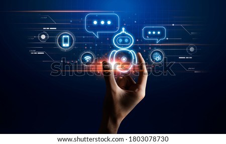 Virtual Assistant. Hand touching chatbot robot icon on digital screen, using modern technologies, creative design, panorama Royalty-Free Stock Photo #1803078730