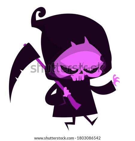 Scary cartoon grim reaper with scythe. Halloween death character illustration