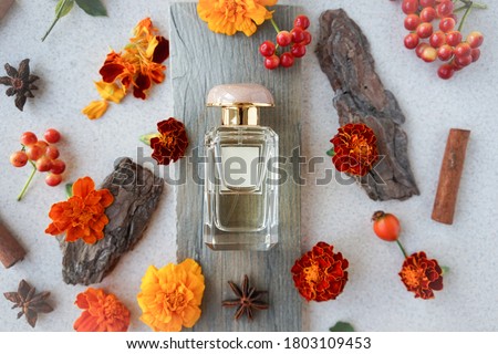        
glass  perfume bottle with orange flowers, berries, cinnamon sticks and anise stars. Autumn wooden scent concept                         Royalty-Free Stock Photo #1803109453