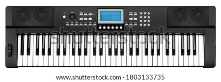 modern black piano keyboard electronic synthesizer party band studio music instrument with blue dispay screen isolated on white background Royalty-Free Stock Photo #1803133735