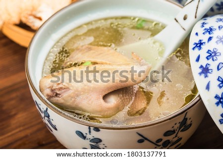 Chinese cuisine: pigeon stew mushroom soup
