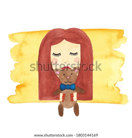 girl with a toy bear soft in the hands painted in watercolor