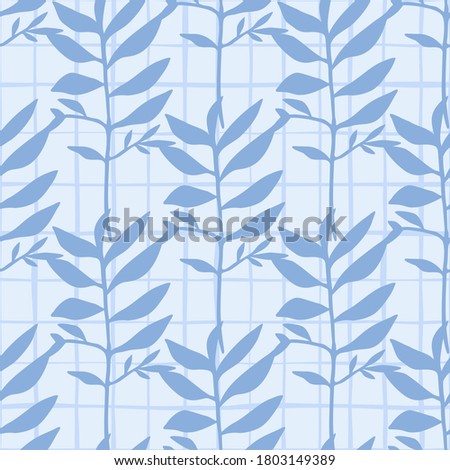 Blue botanic leaves silhouettes seamless pattern. Tropical hand drawn foliage in soft blue tone on chequered background. Great for wallpaper, textile, wrapping paper, fabric print. Vector illustration