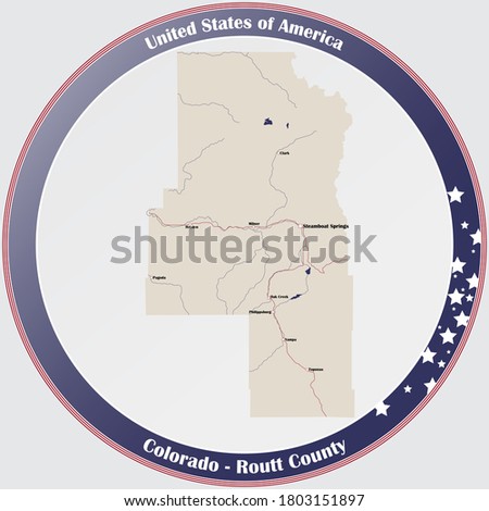 Round button with detailed map of Routt County in Colorado, USA.