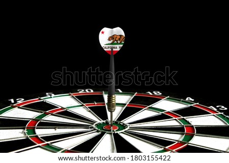 The flag of State of California is featured on the dart board game, the concept of achieving goals.