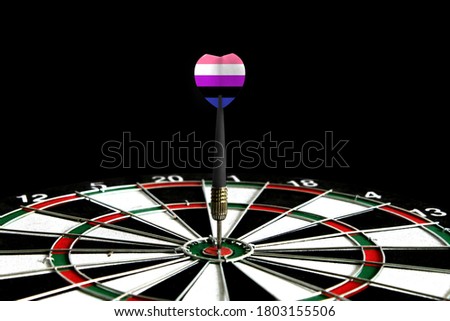 The flag of genderfluid is featured on the dart board game, the concept of achieving goals.
