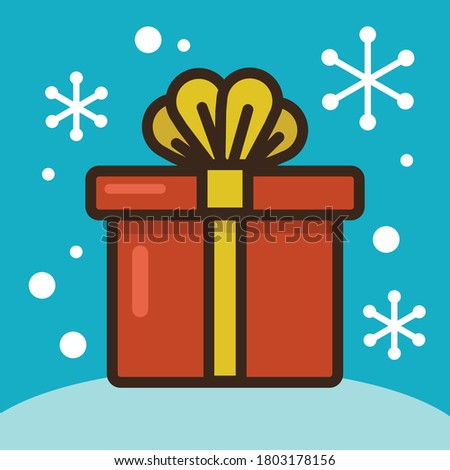 Red gift box with yellow ribbon and bow. Flat vector illustration with Christmas gift  and snowflakes. Cute icon for sticker, card, print, web or other design. Colorful  image.