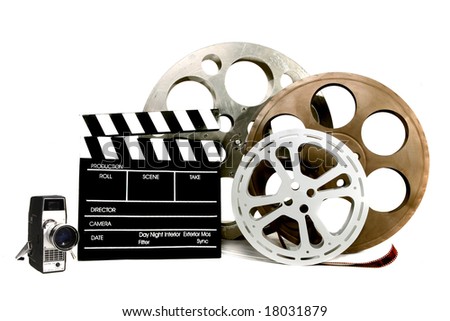 Studio Film Items Canisters Vintage Video Camera and Director Clapper