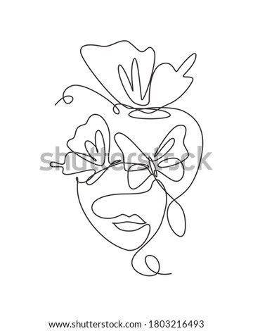 Single continuous line drawing beauty woman with butterfly artwork. Botanical, fashion, t-shirt print. Portrait face minimalistic style concept. Trendy one line draw design graphic vector illustration