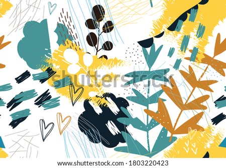 Seamless pattern of silhouettes of plants on the background of blots, lines and korakul.
