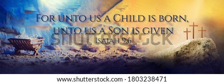Christian Christmas and Easter concept. Birth, death, resurrection of Jesus Christ. Wooden manger, nativity scene, three crosses background. Jesus is reason for season. Salvation, Messiah, Emmanuel. Royalty-Free Stock Photo #1803238471