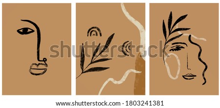 Set of creative templates in trendy style with one line face portrait, contemporary abstract colorful shapes. Cubism face. Design promotion.  Royalty-Free Stock Photo #1803241381