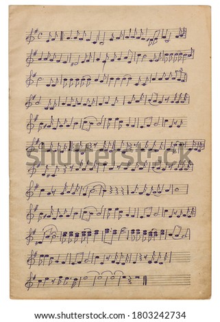 Paper sheet with handwritten musical notes. Background for scrapbook, decoupage, overlay
