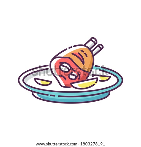 Roasted pork knuckle RGB color icon. German meat dish. Traditional european meal recipe. Poultry ingredient for cooking lunch. Dinner in luxury restaurant. Isolated vector illustration