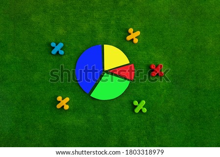 Multi-colored circle divided into parts, percentage sign on a green background. The concept of division, shared ownership.