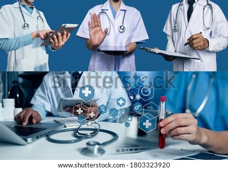 Photo set of Doctor working and modern virtual screen interface icons, healthcare And Medicine concept. 