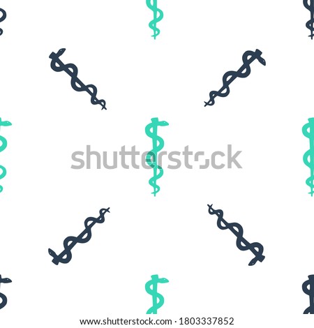 Green Rod of asclepius snake coiled up silhouette icon isolated seamless pattern on white background. Emblem for drugstore or medicine, pharmacy snake symbol. Vector.