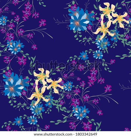 Floral Seamless Pattern with Violets and Daisy Flowers. Small Elements for Print, Textile, Linen. Pretty Pattern for Wrapping Paper. Vector Wild Flowers. Colorful Rapport in Retro Style.