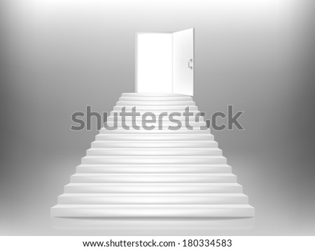 White staircase, open door.