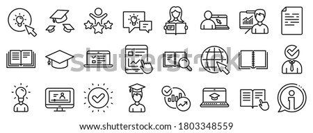 Laptop, Book and Video Tutorial icons. Education line icons. Graduation cap, Instructions and Presentation. College education or Lectures book, Charts and Idea. Laptop, video tutorial. Vector Royalty-Free Stock Photo #1803348559