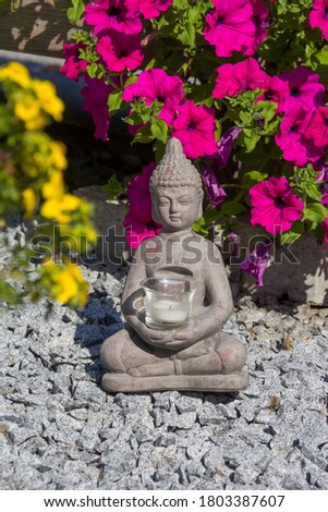 Buddha statue on the natural background. Sunny morning in the park.  Summer background for meditation and relaxation. 