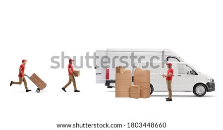 Workers from a cargo company loading boxes in vans isolated on white background