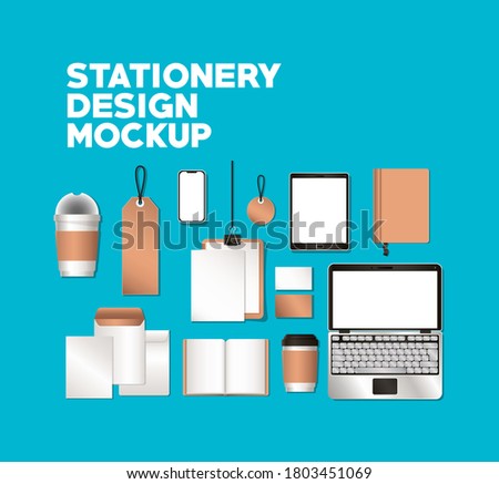 laptop tablet and mockup set on blue background of corporate identity and stationery design theme Vector illustration