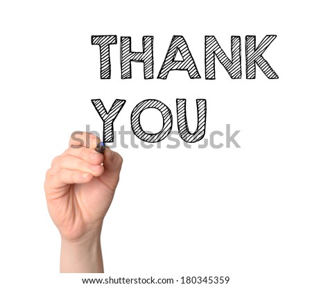 Hand writing Thank You with black marker on transparent wipe board.  Royalty-Free Stock Photo #180345359