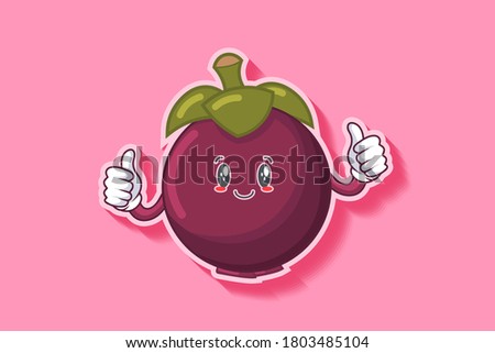 SLIGHTLY SMILE FACE, SLIGHTLY, SMILING, SMILE Face Emotion. Double Thumb Up Hand Gesture. Mangosteen Fruit Cartoon Drawing Mascot Illustration.