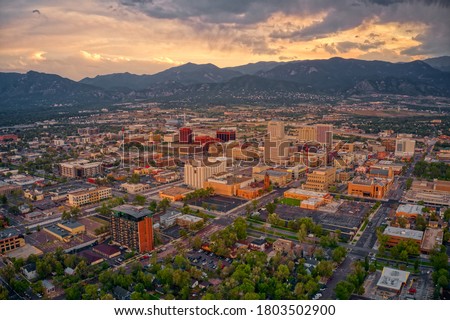 Aerial View of Colorado Springs at Dusk Royalty-Free Stock Photo #1803502900
