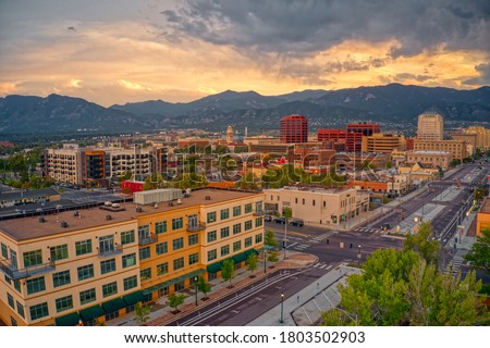 Aerial View of Colorado Springs at Dusk Royalty-Free Stock Photo #1803502903