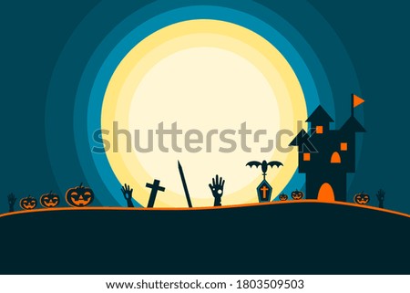 Cemetery hill with cross and full moon with zombie hand with pumpkin and castle from the grave in night flat vector. Halloween concept.