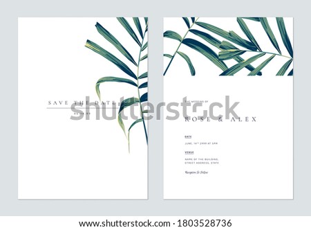 Minimalist botanical wedding invitation card template design, hand drawn palm leaves on white