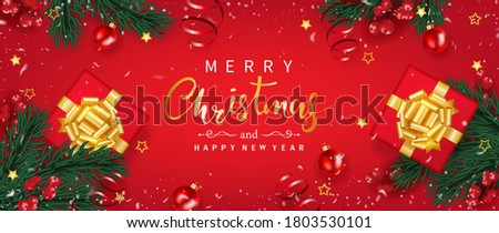 Merry Christmas and Happy new year banner decorated with gifts box, green pine branches, snowflake, holly berry and red ball. Top view. Xmas holidays. Vector illustration.