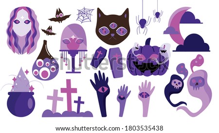 Cute and funny Halloween vector set. Quirky fun cartoon characters of children. Pumpkin, ghost, cat, bat, candy, jar and more. Isolated icons and holiday symbols for for invitations  and packaging.