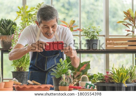 Senior asian retirement old man in casual outfit doing a hobby with happy and relax using smartphone to take a photo from plant in greenhouse garden farm