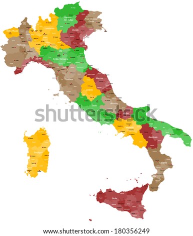 A detailed, colored map of Italy with all provinces and big cities. Royalty-Free Stock Photo #180356249