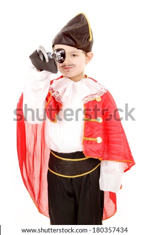little boy dressed as a pirate isolated in white