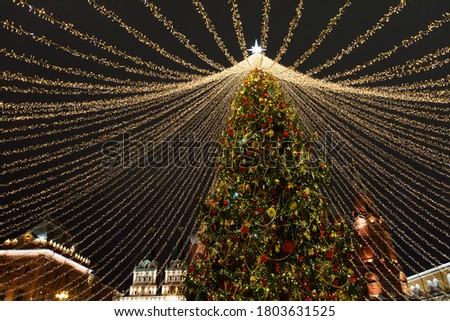 Christmas tree against the dark sky, string fairy lights, evening illumination. New Year celebration. Soft focus.