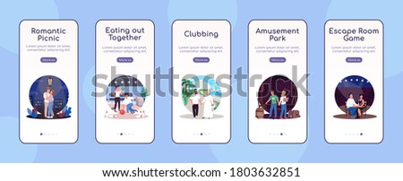 Creative dates onboarding mobile app screen flat vector template. Travel together. Play game. Walkthrough website steps with characters. UX, UI, GUI smartphone cartoon interface, case prints set